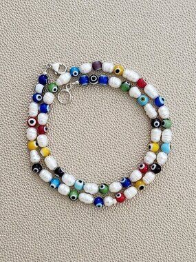 MULTI COLOR EYE BEADS WITH PEARLS NECKLACE--19"